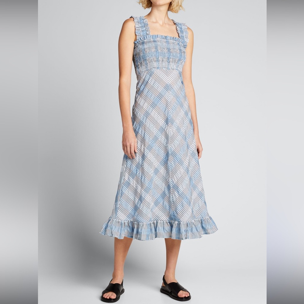 Ganni Seersucker Check Smocked Ruffle Blue Checkered‎ Sleeveless Dress Midi